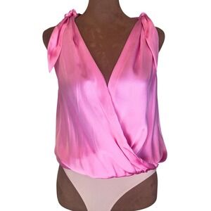 Amanda Uprichard Avari Silk Bodysuit Women XS Pink Tie Shoulder Surplice NWT Fun